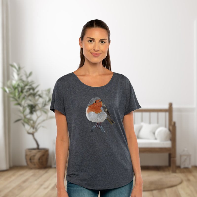 Robin Bird Dolman Top for Ladies /Women's European Robin Bird Shirt / Artwork T-shirt Gift for Mom