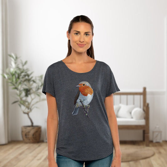 European Robin Loose Fit Tee for Ladies /Women's Dolman Robin Bird Shirt / Bird T-shirt Gift for Women