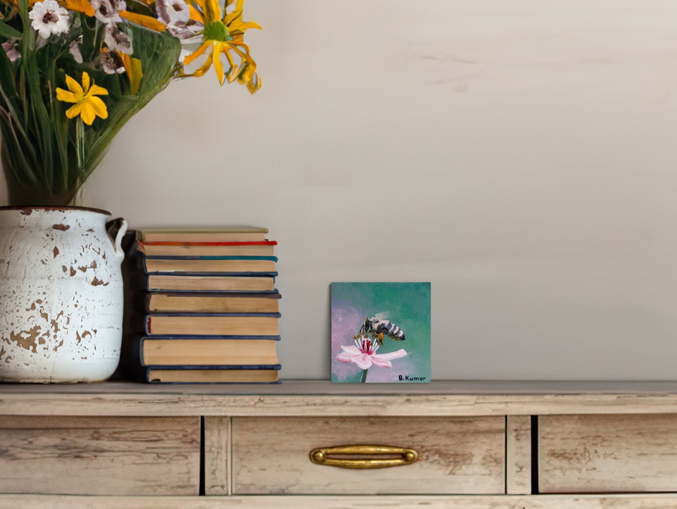 Honeybee and Cherry Blossom Small Painting / Original Honeybee Painting for Kitchen / Gift for Beekeeper