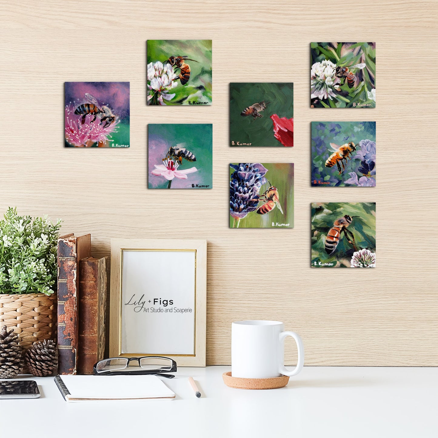 Honeybee and Cherry Blossom Small Painting / Original Honeybee Painting for Kitchen / Gift for Beekeeper