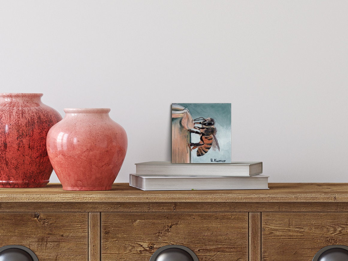 Honeybee on Jar Original Painting / Honeybee Painting for Kitchen / Art Gift for Women