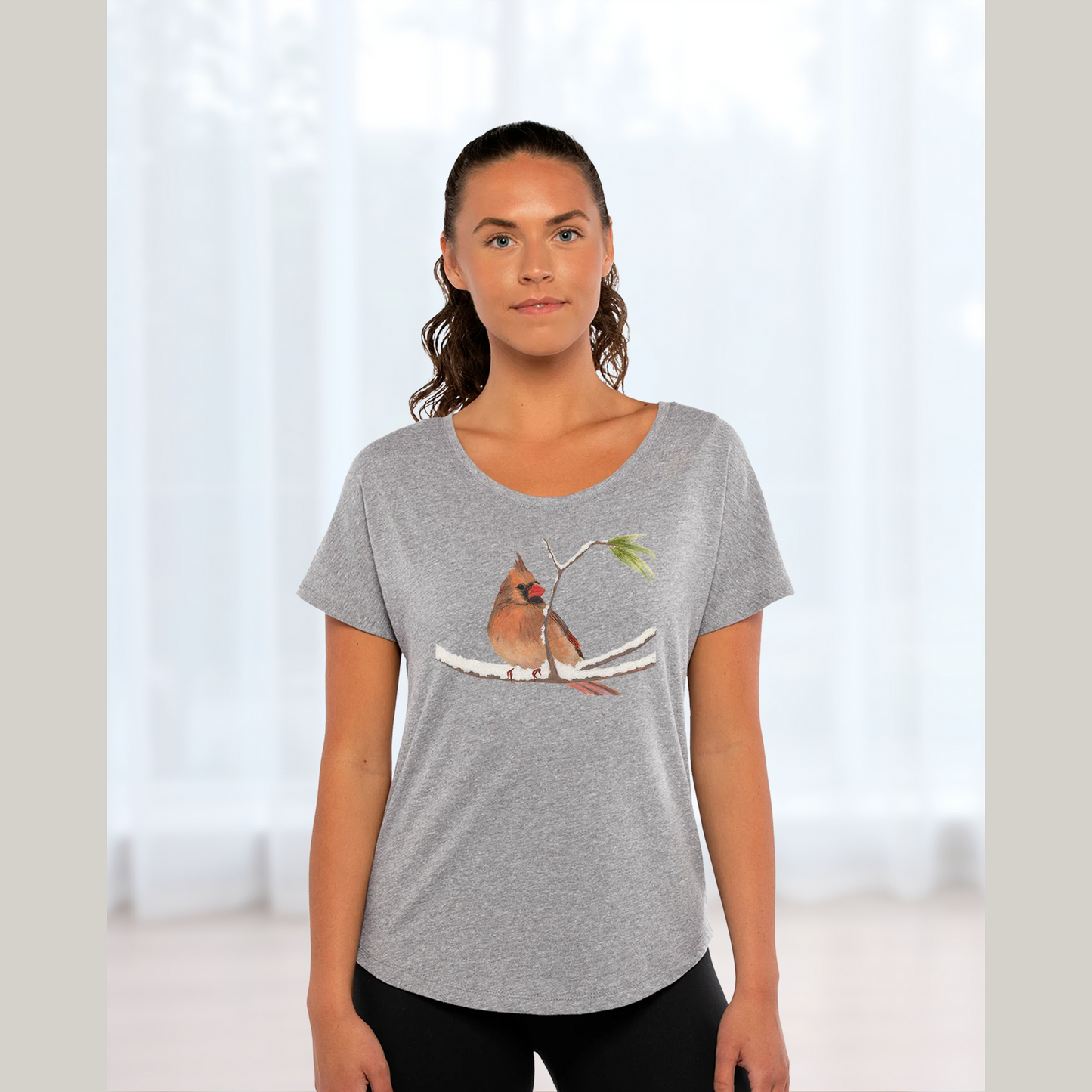 Female Cardinal Dolman Top for Ladies /Women's Cardinal Bird Shirt / Winter T-shirt Gift for Mom