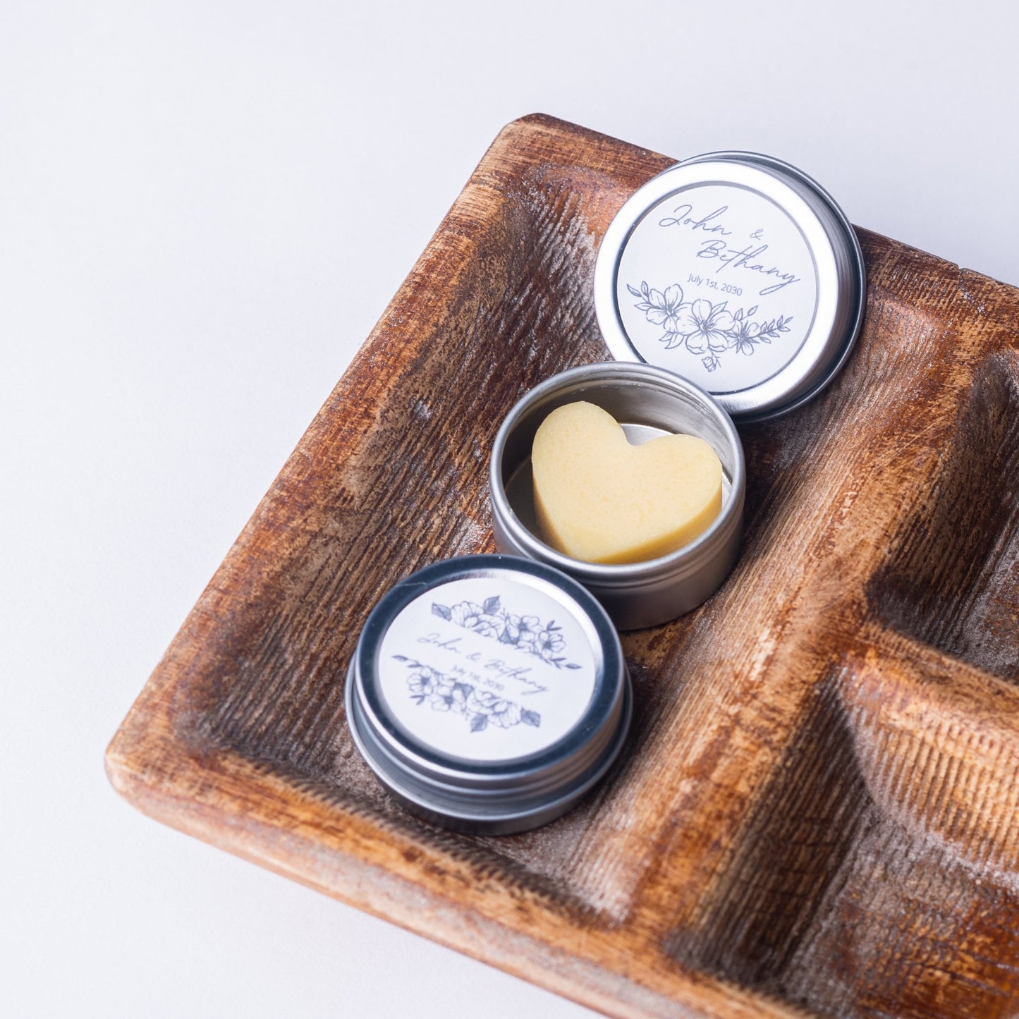 Wedding Favor Mini Heart Soaps in Tins – Cold Processed, Natural Essential Oil Scented