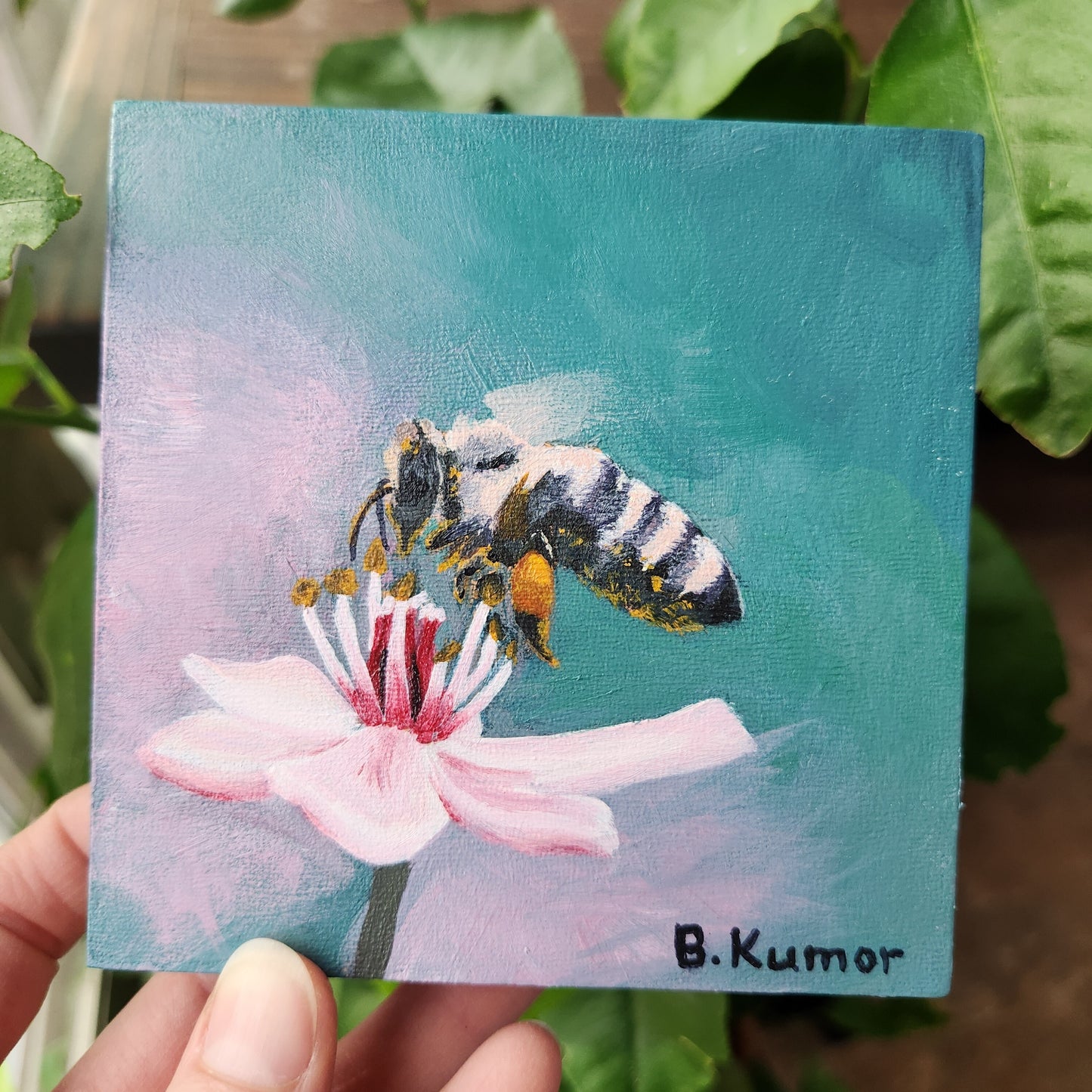 Honeybee and Cherry Blossom Small Painting / Original Honeybee Painting for Kitchen / Gift for Beekeeper