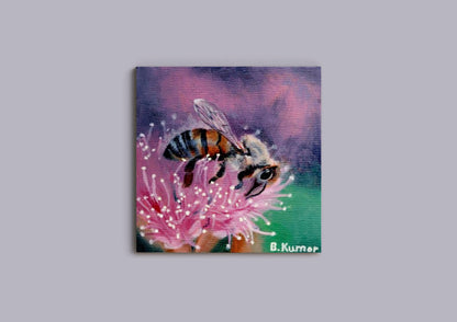 Honeybee on Pink Allium Garden Painting / Bee Painting for Bedroom / Gift for Retired Woman