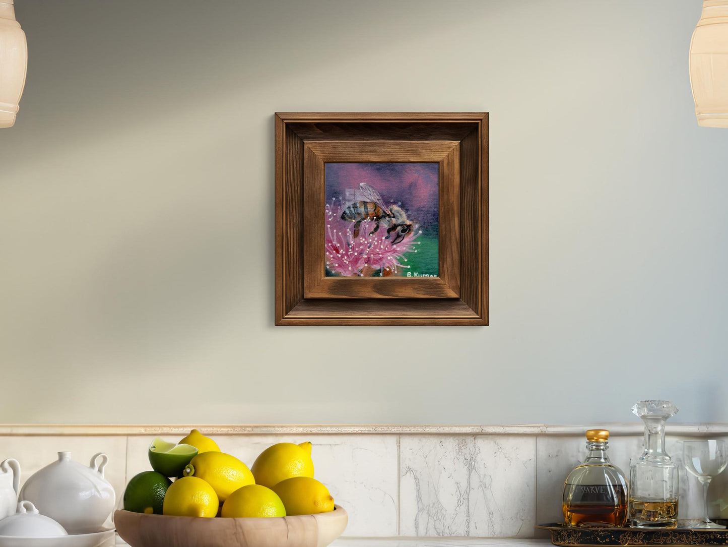 Painting Print of Honeybee and Pink Allium / Art Print for Office / Flower Garden Art Gift for Women