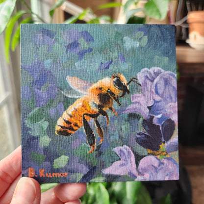 Honeybee and Purple Weed Flower Original Small Painting / Miniature Painting Wall Art for Gallery Wall / Art Gift for Camper