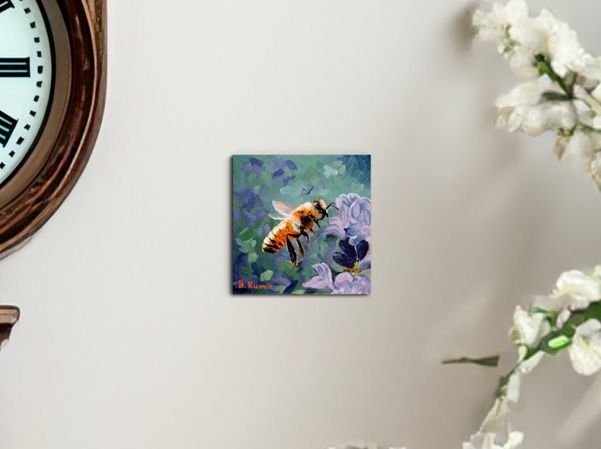 Honeybee and Purple Weed Flower Original Small Painting / Miniature Painting Wall Art for Gallery Wall / Art Gift for Camper