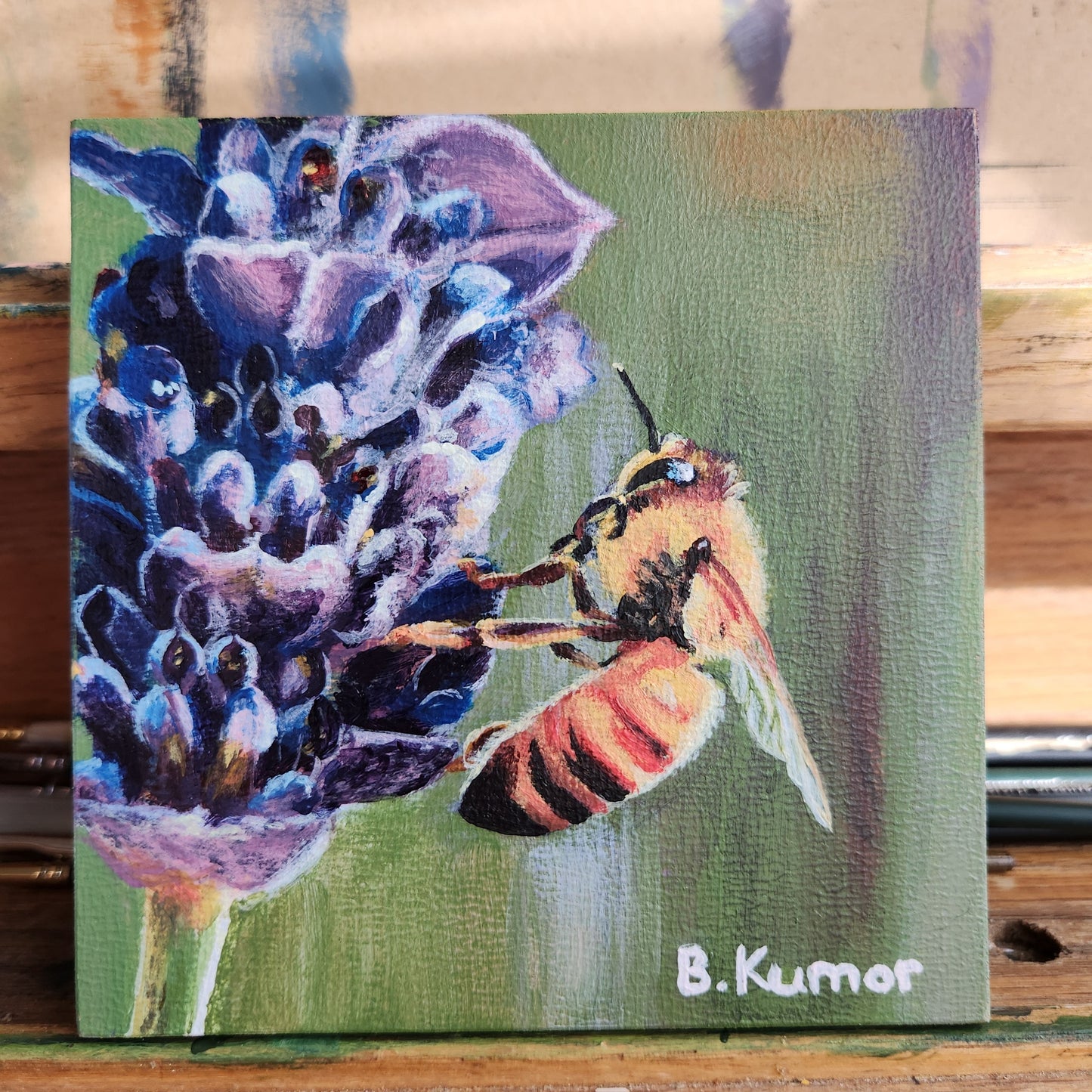 Honeybee on Lavender Mini Original Painting / Purple Flower Wall Art for Kitchen / Nature Artwork Gift for Gardener