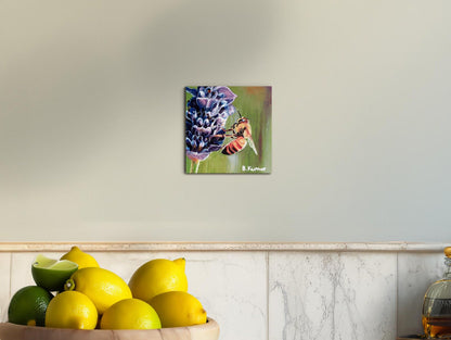 Honeybee on Lavender Mini Original Painting / Purple Flower Wall Art for Kitchen / Nature Artwork Gift for Gardener