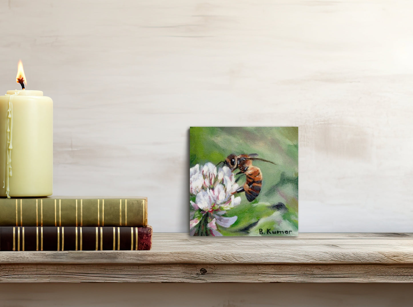 Honeybee on Clover Flower Miniature Painting / Original Artwork for Bathroom / Wall Art Gift for Nature Lover