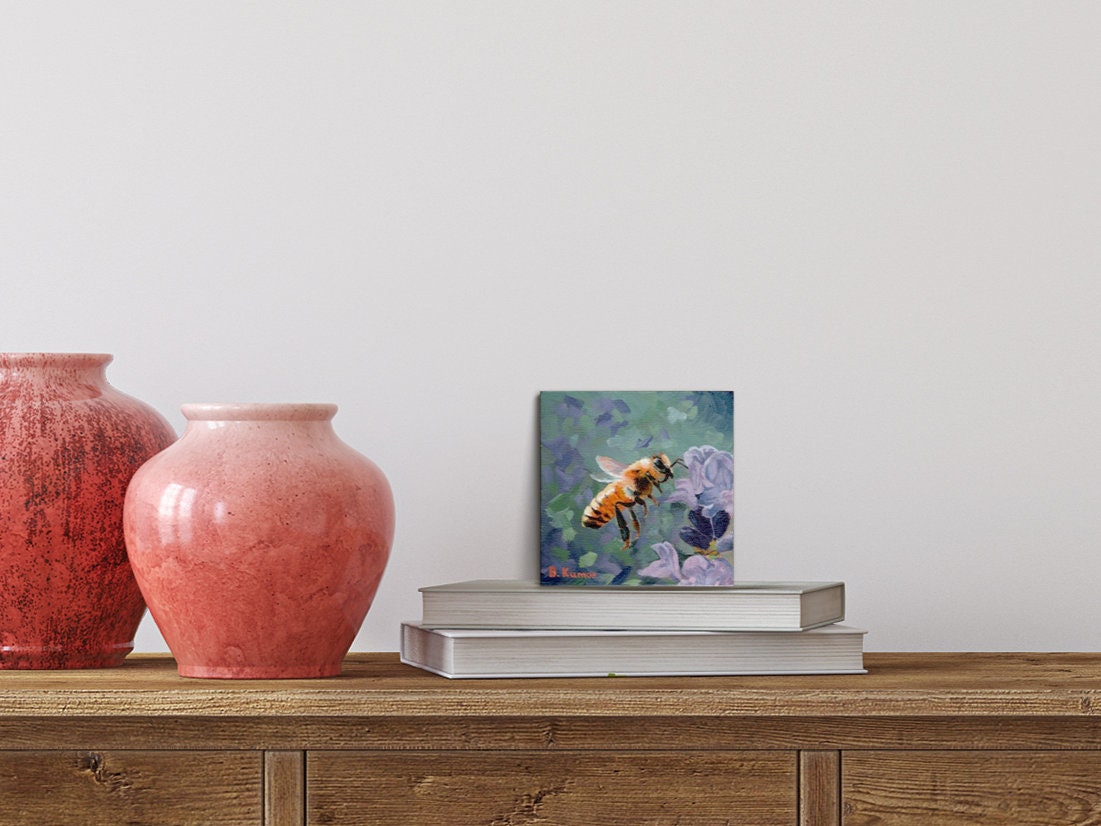 Honeybee and Purple Weed Flower Original Small Painting / Miniature Painting Wall Art for Gallery Wall / Art Gift for Camper