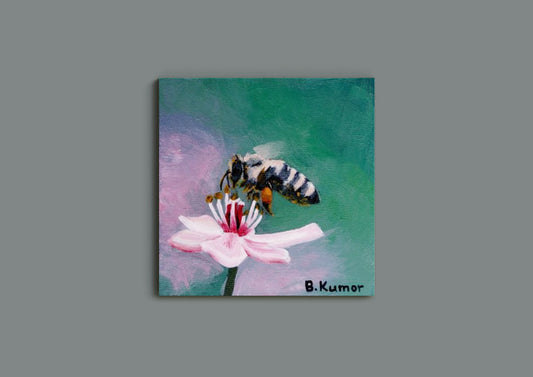 Honeybee and Cherry Blossom Small Painting / Original Honeybee Painting for Kitchen / Gift for Beekeeper