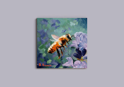 Honeybee and Purple Weed Flower Original Small Painting / Miniature Painting Wall Art for Gallery Wall / Art Gift for Camper