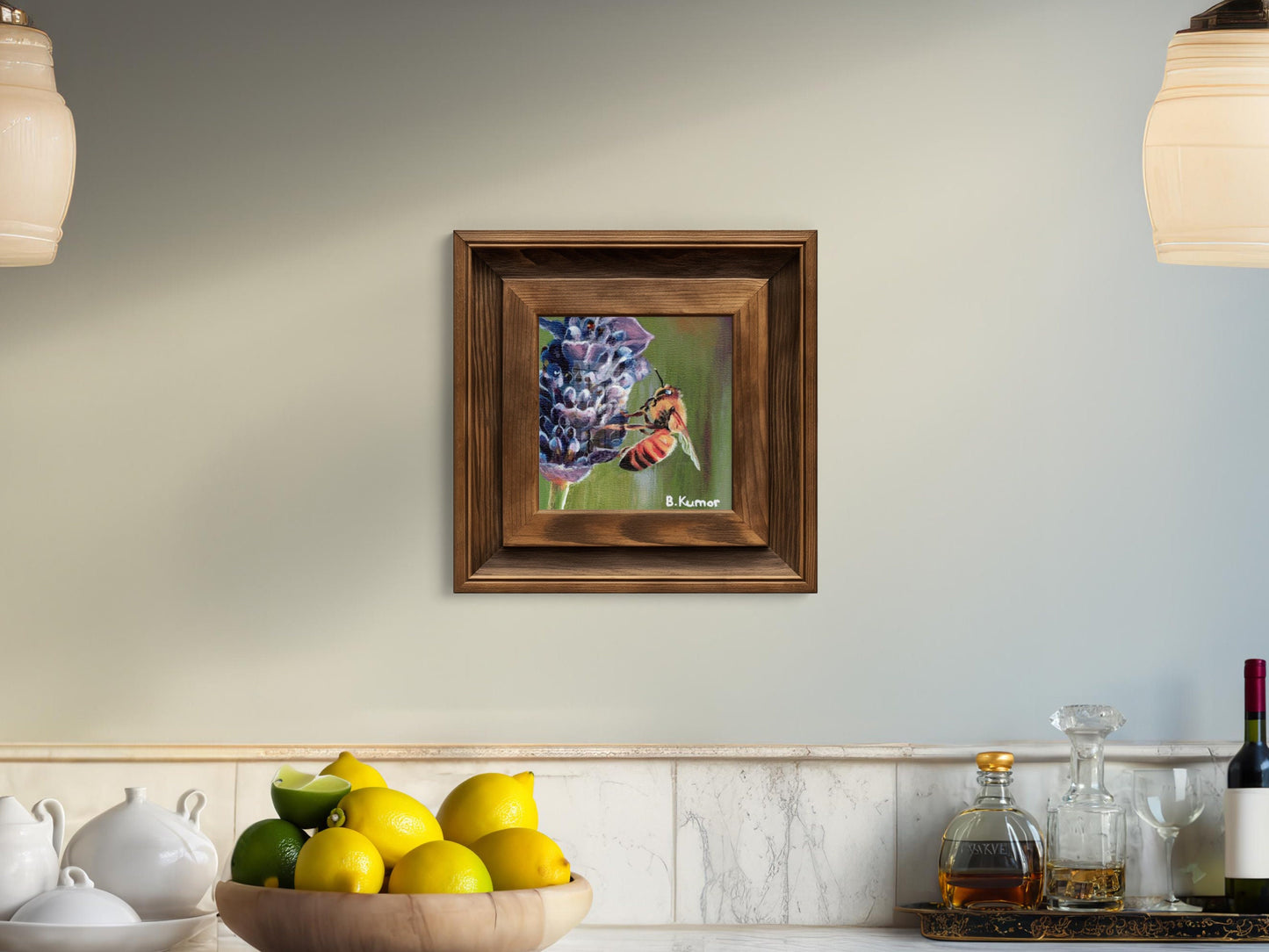 Honeybee on Lavender Painting Print / Nature Wall Art for Kitchen / Bee and Flower Gift for Gardener