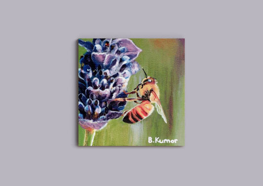 Honeybee on Lavender Mini Original Painting / Purple Flower Wall Art for Kitchen / Nature Artwork Gift for Gardener