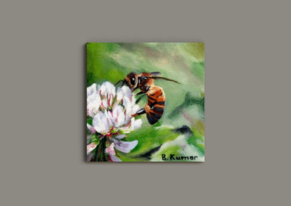 Honeybee on Clover Flower Miniature Painting / Original Artwork for Bathroom / Wall Art Gift for Nature Lover