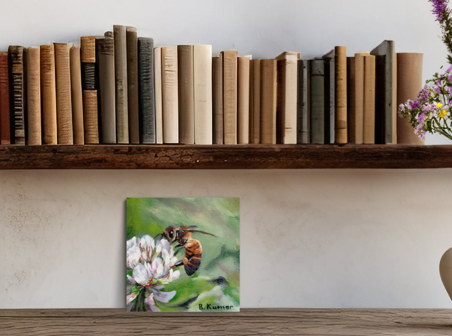 Honeybee on Clover Flower Miniature Painting / Original Artwork for Bathroom / Wall Art Gift for Nature Lover