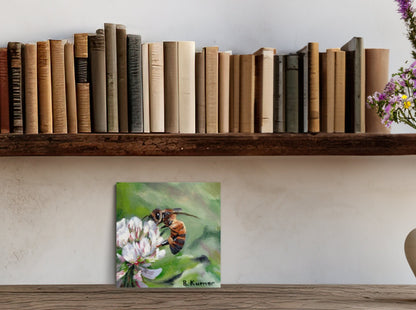 Honeybee on Clover Flower Miniature Painting / Original Artwork for Bathroom / Wall Art Gift for Nature Lover