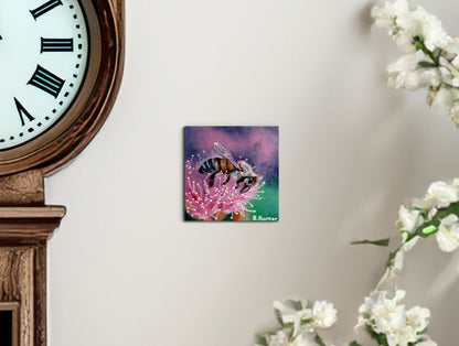 Honeybee on Pink Allium Garden Painting / Bee Painting for Bedroom / Gift for Retired Woman