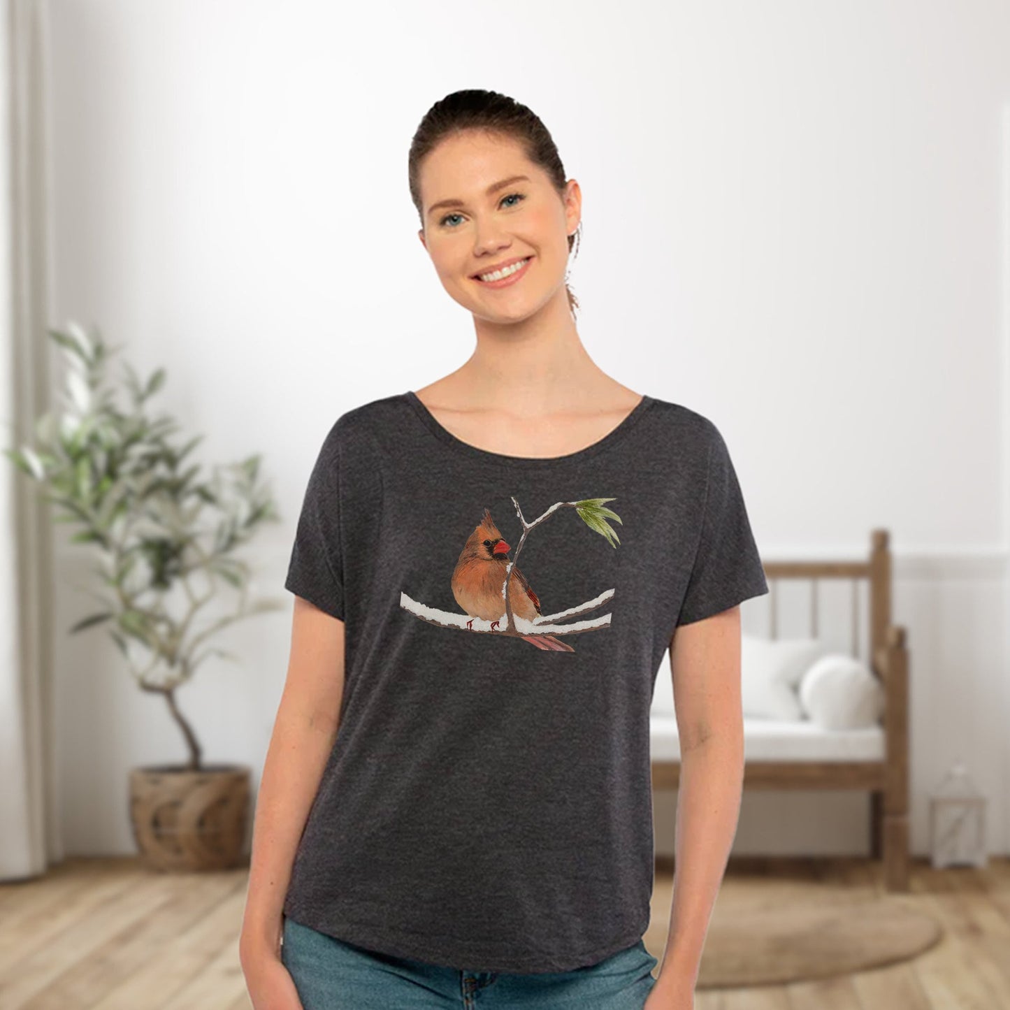 Female Cardinal Dolman Top for Ladies /Women's Cardinal Bird Shirt / Winter T-shirt Gift for Mom