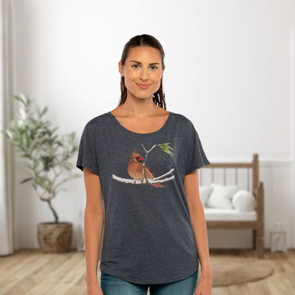 Female Cardinal Dolman Top for Ladies /Women's Cardinal Bird Shirt / Winter T-shirt Gift for Mom