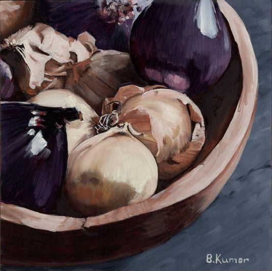 Onion Art / Bowl of Onions Original Oil Painting for Kitchen / Vegetable Painting Gift for Cook
